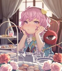 Rule 34 | 1girl, :/, biscuit (bread), blush, collar, commentary, cup, curtains, flower, food, frilled collar, frilled sleeves, frills, hairband, hands on own face, head rest, heart, highres, indoors, komeiji satori, long sleeves, looking at viewer, nose, nose blush, pink eyes, pink flower, pink hair, pink rose, pout, red flower, red rose, rose, sho shima, short hair, sitting, solo, table, tea set, teacup, tiered tray, touhou, white flower, white rose, wide sleeves, window