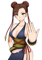 Rule 34 | 1girl, alternate costume, bad id, bad pixiv id, bare shoulders, black dress, breasts, brown eyes, brown hair, capcom, chun-li, cleavage, double bun, dress, female focus, hair bun, kairan-momochi, large breasts, looking at viewer, pelvic curtain, sash, short hair, simple background, smile, solo, street fighter, umigraphics, white background