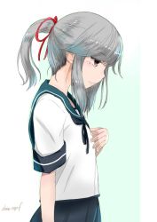 Rule 34 | 1girl, blue background, blue sailor collar, blue skirt, brown eyes, commentary request, cowboy shot, flat chest, gradient background, grey hair, hair ribbon, highres, kantai collection, kote (dew), long hair, one-hour drawing challenge, pleated skirt, red ribbon, ribbon, sailor collar, school uniform, serafuku, skirt, solo, usugumo (kancolle), white background