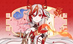 Rule 34 | 1girl, animal hands, bare shoulders, black sports bra, character name, chinese clothes, claws, dated, detached sleeves, elbow gloves, eyeliner, fire, fu hua, fu hua (garuda), gloves, hair between eyes, happy birthday, highres, honkai (series), honkai impact 3rd, light smile, long hair, looking at viewer, low-tied long hair, low twintails, makeup, multicolored hair, red background, red eyeliner, red eyes, red gloves, red hair, red rope, red scales, rope, shera game, solo, sports bra, sportswear, streaked hair, symbol-shaped pupils, twintails, two-tone hair, upper body, white hair, yellow pupils