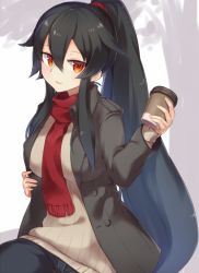 Rule 34 | 10s, 1girl, bad id, bad pixiv id, black hair, coffee cup, contemporary, cup, disposable cup, jacket, kantai collection, long hair, looking at viewer, parted lips, pokoten (pokoten718), ponytail, red eyes, red scarf, ribbed sweater, scarf, scrunchie, solo, sweater, turtleneck, turtleneck sweater, winter clothes, yahagi (kancolle)