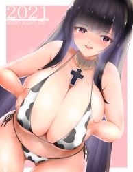 Rule 34 | 1girl, 2021, :d, alternate costume, animal print, artist name, azur lane, bikini, black hair, blunt bangs, blush, breast hold, breasts, breasts squeezed together, chinese zodiac, cleavage, collar, cow print, cow print bikini, cowboy shot, cross, deep skin, dutch angle, gluteal fold, halterneck, happy new year, highres, huge breasts, iron cross, leaning forward, long hair, looking at viewer, micro bikini, navel, new year, open mouth, outside border, peter strasser (azur lane), pink background, pink eyes, presenting, print bikini, sano sho, sidelocks, signature, simple background, skindentation, smile, solo, string bikini, swimsuit, thighs, very long hair, year of the ox