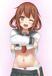 Rule 34 | 10s, 1girl, ;d, bad id, bad pixiv id, blush, brown eyes, brown hair, clothes lift, fang, hair ornament, hairclip, ikazuchi (kancolle), kantai collection, lifted by self, looking at viewer, navel, one eye closed, open clothes, open mouth, open skirt, panties, school uniform, serafuku, shirt lift, skirt, smile, solo, stomach, terakoya, underwear, undressing, unzipped, white panties