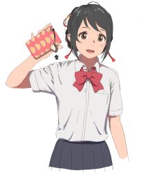 Rule 34 | 10s, 1girl, absurdres, arrow (symbol), black hair, black skirt, blush, breast pocket, brown eyes, cellphone, cellphone charm, charm (object), collared shirt, hedgehog, highres, holding, holding phone, kimi no na wa., looking at viewer, miyamizu mitsuha, official style, open mouth, phone, pleated skirt, pocket, school uniform, shirt, short hair, short sleeves, simple background, sketch, skirt, smartphone, smile, solo, tareme, upper body, white background, white shirt, youmak