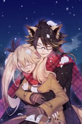 Rule 34 | 10s, 1boy, 1girl, :d, animal ears, black-framed eyewear, blonde hair, blush, breath, brown hair, coat, couple, earclip, closed eyes, fang, fox ears, glasses, gloves, gurico, hair ribbon, hetero, highres, hug, hug from behind, long hair, nail polish, night, nose blush, open clothes, open coat, open mouth, outdoors, plaid, plaid scarf, retoree (show by rock!!), ribbon, rimless eyewear, scarf, semi-rimless eyewear, shared clothes, shared scarf, shirt, short hair with long locks, show by rock!!, smile, snow, snowing, tail, twintails, under-rim eyewear, yaiba (show by rock!!)