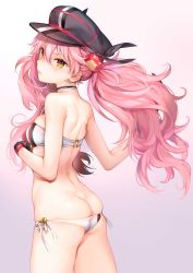 Rule 34 | 1girl, ass, azur lane, back, bare shoulders, bikini, black gloves, black hat, butt crack, choker, commentary request, cowboy shot, cross, dimples of venus, from behind, frown, gloves, gradient background, hair between eyes, hair ornament, halterneck, hat, highres, kaguyuzu, long hair, looking at viewer, looking back, o-ring, o-ring bikini, peaked cap, pink hair, shoulder blades, side-tie bikini bottom, skindentation, solo, standing, strap gap, swimsuit, thighs, twintails, v-shaped eyebrows, very long hair, white bikini, z25 (azur lane), z25 (hot summer&#039;s cool breeze) (azur lane)
