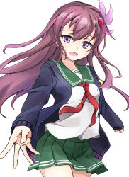 Rule 34 | 1girl, brown hair, commentary request, cowboy shot, crescent, crescent pin, green sailor collar, green skirt, highres, jacket, kantai collection, kisaragi (kancolle), kisaragi kai ni (kancolle), long hair, looking at viewer, minosu, neckerchief, open mouth, pleated skirt, purple eyes, red neckerchief, sailor collar, school uniform, serafuku, simple background, skirt, smile, solo, white background