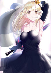 Rule 34 | 1girl, absurdres, alternate hairstyle, arm up, armpits, artoria pendragon (all), artoria pendragon (fate), black dress, black gloves, blonde hair, breasts, cleavage, collarbone, crown, dress, elbow gloves, excalibur morgan (fate), fate/stay night, fate (series), floating hair, gloves, highres, holding, holding sword, holding weapon, layered dress, long hair, looking at viewer, medium breasts, mini crown, saber alter, short dress, sleeveless, sleeveless dress, solo, standing, striped clothes, striped dress, sword, takubon, weapon, yellow eyes