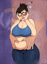 Rule 34 | 1boy, 1girl, belly grab, blush, breasts, brown hair, cedargrove, closed eyes, glasses, highres, large breasts, mei (overwatch), open mouth, overwatch, overwatch 1, plump, short hair, thick thighs, thighs, wide hips