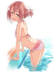 Rule 34 | 10s, 1girl, arched back, arm support, ass, bikini, breasts, brown eyes, brown hair, flat ass, from side, highres, leaning forward, looking back, michairu, open mouth, pink bikini, ponytail, pool, red hair, scrunchie, short hair, side-tie bikini bottom, small breasts, smile, solo, swimsuit, wading, water, yuuki yuuna, yuuki yuuna wa yuusha de aru, yuusha de aru