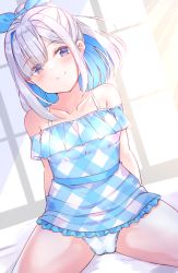 Rule 34 | 1girl, amane kanata, arms behind back, bare shoulders, blue dress, blue hair, blue ribbon, blush, cameltoe, closed mouth, clothes lift, collarbone, colored inner hair, cowboy shot, dress, dress lift, gingham dress, hair intakes, hair ribbon, hololive, looking at viewer, low neckline, multicolored hair, off-shoulder dress, off shoulder, panties, purple eyes, ribbon, shiitake taishi, short dress, short hair, silver hair, simple background, sitting, smile, solo, spaghetti strap, spread legs, sundress, thighs, underwear, upskirt, virtual youtuber, white panties, wide ponytail