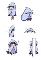 Rule 34 | 1girl, anger vein, bad id, bad pixiv id, black hair, blanket, blush, chibi, covering face, covering own mouth, expressive clothes, full-face blush, hiding, highres, hime cut, kaka cheung, long hair, multiple views, o o, original, peeking out, squatting, tears