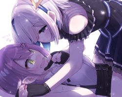 Rule 34 | 2girls, amane kanata, amane kanata (work), black dress, black gloves, blue hair, blush, breasts, closed mouth, collared shirt, colored inner hair, commentary request, dated, dress, dress shirt, ear piercing, fang, from side, gloves, green eyes, hair between eyes, hair ornament, hairclip, hand on another&#039;s chin, hikawa shou, hololive, long hair, looking at another, lying, medium breasts, multicolored hair, multiple girls, nail polish, on back, open mouth, partially fingerless gloves, piercing, pink hair, pink nails, purple eyes, purple hair, shirt, short hair, signature, silver hair, simple background, sleeveless, sleeveless shirt, smile, streaked hair, tokoyami towa, virtual youtuber, wavy mouth, white background, white shirt, x hair ornament, yuri