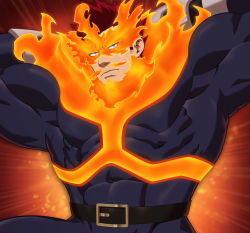 Rule 34 | 1boy, arms behind head, bara, beard, belt, biceps, black belt, blue bodysuit, blue eyes, bodysuit, boku no hero academia, covered abs, covered navel, crestren, endeavor (boku no hero academia), facial hair, fire, highres, large pectorals, looking at viewer, male focus, muscular, muscular male, paid reward available, pectorals, red hair, short hair, solo, spiked hair