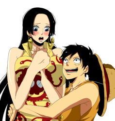 Rule 34 | 1boy, 1girl, black hair, blue eyes, boa hancock, breasts squeezed together, breasts, china dress, chinese clothes, chiroru shimai, couple, dark-skinned male, dark skin, dress, earrings, hat, huge breasts, jewelry, large breasts, monkey d. luffy, one piece, scar, short hair, snake, snake earrings, straw hat, yellow dress