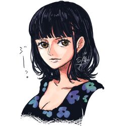 Rule 34 | 1girl, black hair, blunt bangs, brown eyes, close-up, commentary request, eyelashes, floral print, highres, light smile, looking at viewer, medium hair, nico robin, one piece, sherumaru (korcht06), shirt, sidelocks, simple background, solo, white background