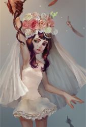 Rule 34 | 1girl, arm up, armpits, bad id, bad pixiv id, bare shoulders, bouquet, breasts, bridal veil, brown hair, cowboy shot, crying, crying with eyes open, denqyellow, dress, flat chest, flower, hair flower, hair ornament, highres, lips, long hair, nose, open mouth, original, pulling another&#039;s clothes, rose, short dress, small breasts, solo, strapless, strapless dress, tears, teeth, veil, wedding dress, white dress