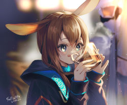 Rule 34 | 1girl, amiya (arknights), animal ears, arknights, black jacket, blue eyes, blurry, blurry background, blush, brown hair, closed mouth, cup, depth of field, drink, hair between eyes, hands up, highres, holding, holding cup, hood, hood down, hooded, jacket, long hair, long sleeves, looking away, puffy long sleeves, puffy sleeves, rabbit ears, sallyzaemon, signature, sleeves past wrists, solo, tongue, tongue out, transparent, upper body
