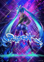 Rule 34 | 1girl, aqua hair, artist request, ass, blue hair, boots, breasts, earrings, gloves, graffiti, hatsune miku, highres, jacket, jewelry, looking back, medium breasts, neon lights, paint can, promotional art, shorts, twintails, vocaloid
