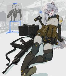 Rule 34 | 1girl, absurdres, albino, ammunition box, animal ears, arm support, assault rifle, bodysuit, cat ears, chest rig, explosive, fn fnc, foreshortening, grenade, gun, highres, holding, holding grenade, long hair, on ground, open mouth, original, polilla, red eyes, rifle, sitting, skin tight, solo, target, weapon, white hair