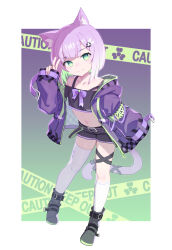 Rule 34 | 1girl, animal ears, asymmetrical legwear, belt, black shirt, black shorts, boots, cat ears, cat girl, cat tail, caution tape, colored inner hair, crop top, cropped shirt, full body, green eyes, green hair, highres, hood, hooded jacket, indie virtual youtuber, jacket, kneehighs, lolicom, long sleeves, looking at viewer, midriff, multicolored hair, navel, off-shoulder shirt, off shoulder, open clothes, open jacket, purple hair, purple jacket, shirt, short hair, short shorts, short sleeves, shorts, shwaa, single kneehigh, single sock, single thighhigh, sleeves past fingers, sleeves past wrists, smile, socks, stomach, strap slip, tail, thighhighs, uneven legwear, v, virtual youtuber, white socks, white thighhighs