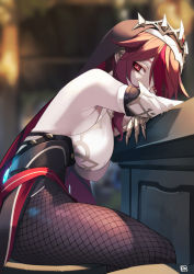 Rule 34 | 1girl, a:n (angrynum), breasts, fishnet pantyhose, fishnets, gauntlets, genshin impact, hanging breasts, headpiece, looking at viewer, medium breasts, multicolored hair, nun, pale skin, pantyhose, red eyes, red hair, rosaria (genshin impact), short hair, slit pupils, solo, streaked hair