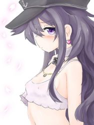 Rule 34 | 10s, 1girl, akatsuki (kancolle), blush, breasts, covered erect nipples, earrings, hat, jewelry, kantai collection, necklace, okiraku nikku, purple hair, small breasts, solo, tagme