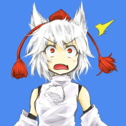 Rule 34 | 1girl, ^^^, animal ears, bare shoulders, blue background, blush, breasts, detached sleeves, fang, hat, inubashiri momiji, kaimu (tanishi no hitsugi), looking up, lowres, open mouth, pom pom (clothes), shirt, short hair, silver hair, simple background, solo, surprised, tanisino hitugi, tokin hat, touhou, white shirt, wolf ears