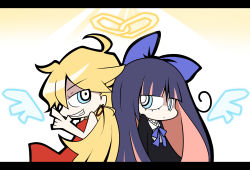 Rule 34 | 10s, 2girls, aoblue, blonde hair, bow, hair bow, highres, letterboxed, long hair, multicolored hair, multiple girls, official style, panty &amp; stocking with garterbelt, panty (psg), siblings, sisters, stocking (psg), two-tone hair