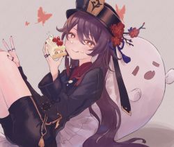 Rule 34 | 1girl, black hat, black nails, black shorts, breasts, brown hair, cake, closed mouth, coat, collared coat, collared shirt, colored tips, commentary request, fang, flower, flower-shaped pupils, food, genshin impact, ghost, hat, hat flower, hat ornament, highres, hu tao (genshin impact), jewelry, licking lips, long hair, long sleeves, looking at viewer, multicolored hair, nail polish, pantyhose, plum blossoms, porkpie hat, red eyes, red flower, red hair, red shirt, ring, shirt, shorts, simple background, skin fang, smile, solo, sweat, symbol-shaped pupils, talisman, tassel, tongue, tongue out, twintails, v, white pantyhose, yamabuki (yamabuki xxxxx)