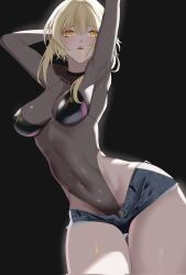 Rule 34 | 1girl, arms up, blonde hair, blush, breasts, clothing cutout, didin ed, genshin impact, hair between eyes, highres, long sleeves, looking at viewer, lumine (genshin impact), medium breasts, midriff, navel, open mouth, shorts, stomach