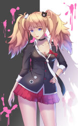 Rule 34 | 1girl, arm at side, bear hair ornament, black choker, blood, blue eyes, bow, breasts, choker, cleavage, coast rover, collarbone, commentary request, danganronpa: trigger happy havoc, danganronpa (series), enoshima junko, hair ornament, hand on own hip, highres, long hair, looking at viewer, medium breasts, necktie, pink blood, pink hair, pleated skirt, red bow, red skirt, revision, school uniform, simple background, skirt, sleeves rolled up, smile, solo, spoilers, twintails, two-tone background, white background
