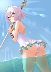 Rule 34 | 1girl, antenna hair, bare shoulders, blue sky, breasts, casual one-piece swimsuit, elf, flower, hair flower, hair ornament, highres, kokkoro (princess connect!), looking at viewer, one-piece swimsuit, pointy ears, princess connect!, purple eyes, sky, small breasts, swimsuit, white hair