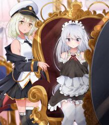 Rule 34 | 2girls, azur lane, chair, coat, commission, cosplay, costume switch, enterprise (azur lane), enterprise (azur lane) (cosplay), enterprise (hms) (azur lane), enterprise (hms) (azur lane) (cosplay), glasses, hat, maid, multiple girls, name connection, peaked cap, pixiv commission, sitting, thighhighs, toro yurei