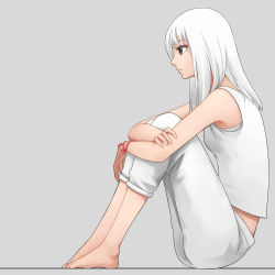 Rule 34 | 1girl, armpits, bare arms, bare shoulders, barefoot, black eyes, breasts, closed mouth, from side, full body, hugging own legs, long hair, oopartz yang, original, pants, profile, sitting, small breasts, solo, tank top, white hair, white pants