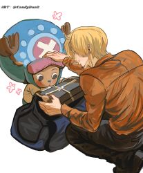 Rule 34 | 2boys, absurdres, antlers, bag, black footwear, black pants, blonde hair, blush, cigarette, commentary request, curly eyebrows, facial hair, gift, hair over one eye, hand on another&#039;s hat, hand on another&#039;s head, hat, highres, holding, horns, long sleeves, looking at another, male focus, mouth hold, multiple boys, one piece, orange shirt, pants, reindeer antlers, rita ya, sanji (one piece), shirt, shoes, short hair, smile, squatting, tony tony chopper, twitter username
