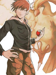 1boy absurdres belt belt_buckle bird black_belt black_jacket blue_oak brown_hair brown_pants buckle closed_mouth commentary_request creatures_(company) game_freak gen_1_pokemon hair_between_eyes hand_on_own_hip highres holding holding_poke_ball jacket kagi0487_(weiss_9610) long_sleeves male_focus nintendo pants pidgeot poke_ball poke_ball_(basic) pokemon pokemon_(creature) pokemon_hgss short_hair white_background