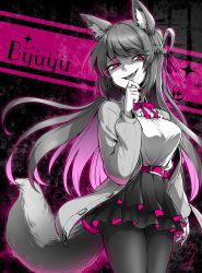 Rule 34 | animal ear fluff, animal ears, artist name, braid, breasts, byuyu, cardigan, character name, collared shirt, commentary request, commission, crown braid, ebiblue, evil smile, fang, fox ears, fox girl, fox tail, frilled shirt, frills, gesugao, hair ribbon, hand on own chin, hand up, highres, indie virtual youtuber, large breasts, layered skirt, long hair, long sleeves, looking at viewer, monochrome, nail polish, neck ribbon, open cardigan, open clothes, open mouth, pantyhose, pink nails, pink ribbon, pleated skirt, red eyes, ribbon, shirt, sidelocks, skeb commission, skirt, slit pupils, smile, spot color, standing, star (symbol), tail, tented shirt, thighs, twitter username, virtual youtuber