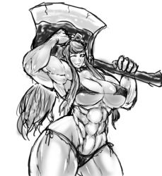 Rule 34 | 1girl, abs, amazon warrior, biceps, bikini, breasts, curvy, extreme muscles, flexing, highres, huge weapon, long hair, monochrome, one eye closed, simple background, smile, swimsuit, thick thighs, thighs, toned, weapon, wide hips, wink