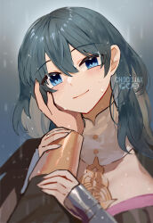 Rule 34 | 1girl, 1other, armor, blue eyes, blue hair, blush, breasts, byleth (female) (fire emblem), byleth (fire emblem), chocojax, detached collar, fire emblem, fire emblem: three houses, garreg mach monastery uniform, hand on another&#039;s cheek, hand on another&#039;s face, highres, holding another&#039;s arm, large breasts, light smile, long hair, looking at viewer, nintendo, smile, twitter username, wet, wrist guards