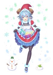 Rule 34 | 1girl, :d, ahoge, apron, black gloves, black pantyhose, blue eyes, blue footwear, blue hair, box, breasts, dress, fangs, frilled apron, frilled dress, frills, full body, fur-trimmed sleeves, fur trim, gift, gift box, gloves, hat, horns, ittokyu, long hair, maid, maid apron, maid headdress, medium breasts, open mouth, original, pantyhose, pointy ears, puffy short sleeves, puffy sleeves, red dress, red hat, santa hat, shoes, short sleeves, simple background, skirt basket, skirt hold, smile, snow rabbit, snowflake background, snowman, standing, standing on one leg, white apron, white background