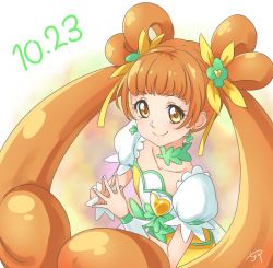 Rule 34 | 1girl, bow, brooch, brown hair, chocokin, choker, closed mouth, cure rosetta, dated, dokidoki! precure, double bun, earrings, fingers together, green neckwear, hair bun, heart, heart brooch, jewelry, long hair, looking at viewer, magical girl, multicolored background, precure, smile, solo, twintails, upper body, waist bow, yellow eyes, yotsuba alice