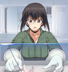Rule 34 | 1girl, :o, a1 (initial-g), black choker, black hair, black legwear, blurry, blurry background, breasts, brown eyes, check commentary, choker, collarbone, commentary request, container, crossover, fang, girls und panzer, glass, gloves, green jumpsuit, hair between eyes, indoors, jumpsuit, kawashima momo, laboratory, large breasts, life (2017 film), lips, long sleeves, looking down, lower teeth only, monocle, open mouth, parody, partially unzipped, poking, rubber gloves, semi-rimless eyewear, short hair, sidelocks, solo, standing, teeth, tsurime, under-rim eyewear, upper body, white gloves, zipper, zipper pull tab