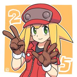 Rule 34 | 1girl, black shirt, blonde hair, brown gloves, cabbie hat, closed mouth, commentary request, finger counting, gloves, green eyes, hair between eyes, hat, highres, jacket, mega man (series), mega man legends (series), muu (mumumer), orange background, outline, red hat, red jacket, roll caskett (mega man), shirt, short sleeves, smile, solo, two-tone background, upper body, v, white background, white outline