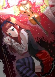 Rule 34 | bandages, blood, bouquet, flower, instrument, lace, original, palmeros, petals, red hair, ribbon, skirt, solo, striped, tears, thighhighs, violin, zettai ryouiki
