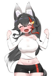 Rule 34 | 1girl, animal ear fluff, animal ears, black hair, blush, breasts, clenched hands, closed eyes, collarbone, colored tips, cowboy shot, fang, groin, hands up, highres, hololive, kani bonara, large breasts, leaning to the side, long hair, long sleeves, lowleg, lowleg shorts, midriff, multicolored hair, navel, off-shoulder shirt, off shoulder, ookami mio, ookami mio (casual), open mouth, paw print, ponytail, shirt, short shorts, shorts, sidelocks, simple background, skin fang, smile, solo, tail, taut clothes, taut shirt, thigh gap, very long hair, virtual youtuber, white background, white shirt, wolf ears, wolf girl