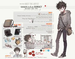 Rule 34 | 1boy, artist self-insert, bag, bird, black-framed eyewear, black footwear, black pants, blood, blood bag, blush, bottle, brown hair, bug, cellphone, character name, character profile, chicken, closed mouth, commentary, drawstring, english commentary, english text, fly, glasses, grey jacket, hand in pocket, head tilt, heart, holding, hood, hood down, hooded jacket, bug, jacket, japanese flag, kawacy, kiss, long sleeves, male focus, mars symbol, necktie, o3o, opaque glasses, original, pale skin, pants, phone, pill, poop, red blood cell, sapling, shoes, shoulder bag, smartphone, standing, star (symbol), tissue box, towel, window