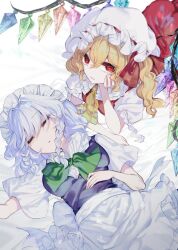 Rule 34 | 2girls, apron, arm support, ascot, blue vest, bow, bowtie, braid, closed eyes, closed mouth, commentary request, crystal, flandre scarlet, green bow, green bowtie, hand on own cheek, hand on own face, hat, hat ribbon, ishikawa sparerib, izayoi sakuya, looking at viewer, maid headdress, medium hair, mob cap, multiple girls, red eyes, red ribbon, red vest, ribbon, shirt, short sleeves, touhou, twin braids, upper body, vest, white apron, white background, white headwear, white shirt, wings, yellow ascot