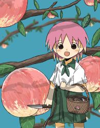 Rule 34 | 1girl, :d, absurdres, basket, blonde hair, branch, brown eyes, food, fruit, highres, kishimen udn, knife, leaf, medium hair, mini person, minigirl, multicolored hair, open mouth, original, peach, personification, pink hair, rope, smile, solo, two-tone hair