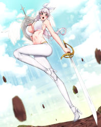 Rule 34 | 1girl, :o, absurdres, akchu, bare shoulders, bikini, bikini top only, blue sky, blush, breasts, brown eyes, covered erect nipples, day, dungeon and fighter, dutch angle, floating rock, hair ribbon, high heels, highres, holding, holding shield, holding sword, holding weapon, knight (dungeon and fighter), large breasts, leg up, lips, long hair, looking at viewer, motion blur, navel, open mouth, outdoors, pants, ponytail, ribbon, round teeth, shield, sky, solo, standing, standing on one leg, stomach, swimsuit, sword, teeth, tight clothes, tight pants, underboob, very long hair, weapon, white bikini, white footwear, white pants, white ribbon, white wings, wings